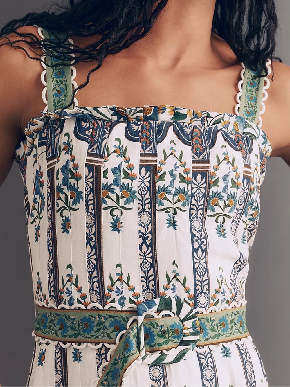 Farm Rio Floral Tile-Print Midi Dress in White and Blue - Picture 3 of 4